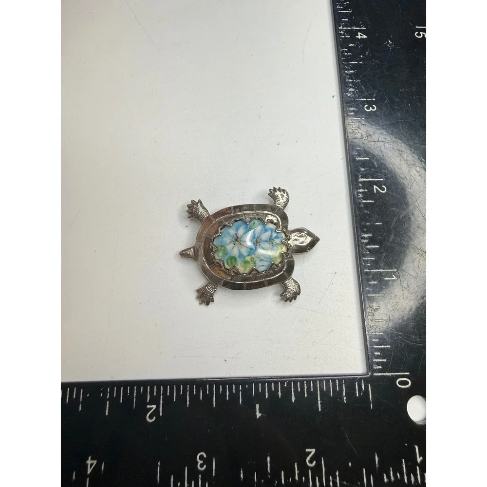 Silver Tone Turtle Brooch Floral Cabochon Animal Pin Blue White Green